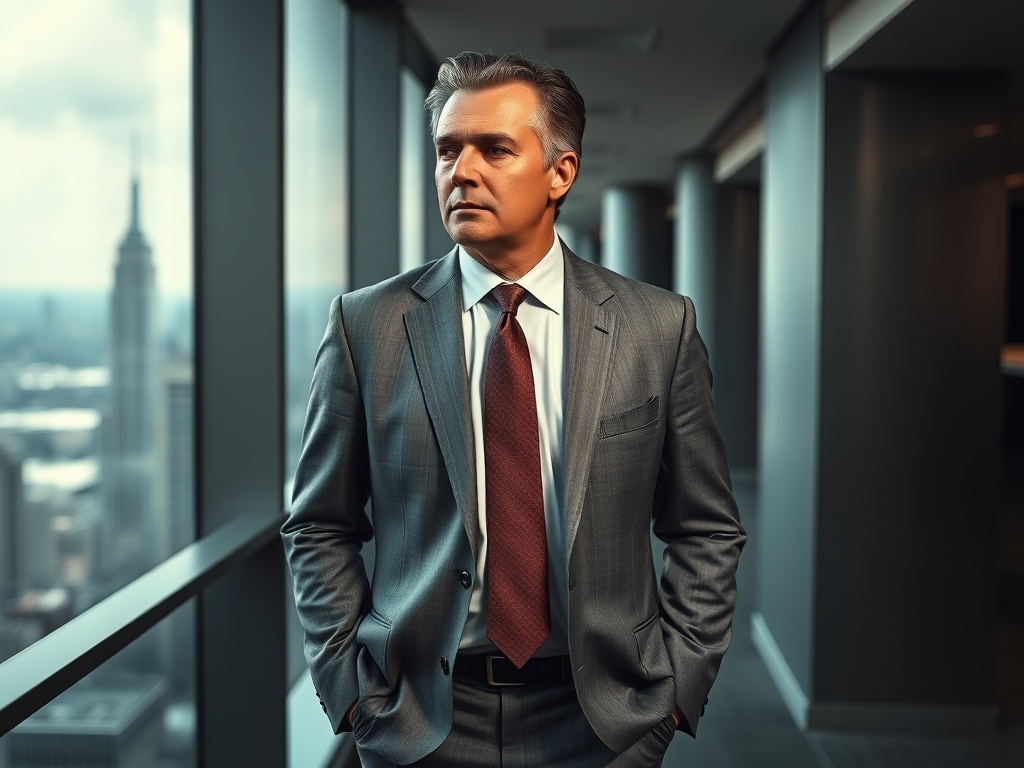 Male executive, 50s, grey tailored suit, standing in a high-rise office with city view, hands in pockets, thoughtful gaze, dramatic lighting with strong contrast, photorealistic, 8k, commercial photography style